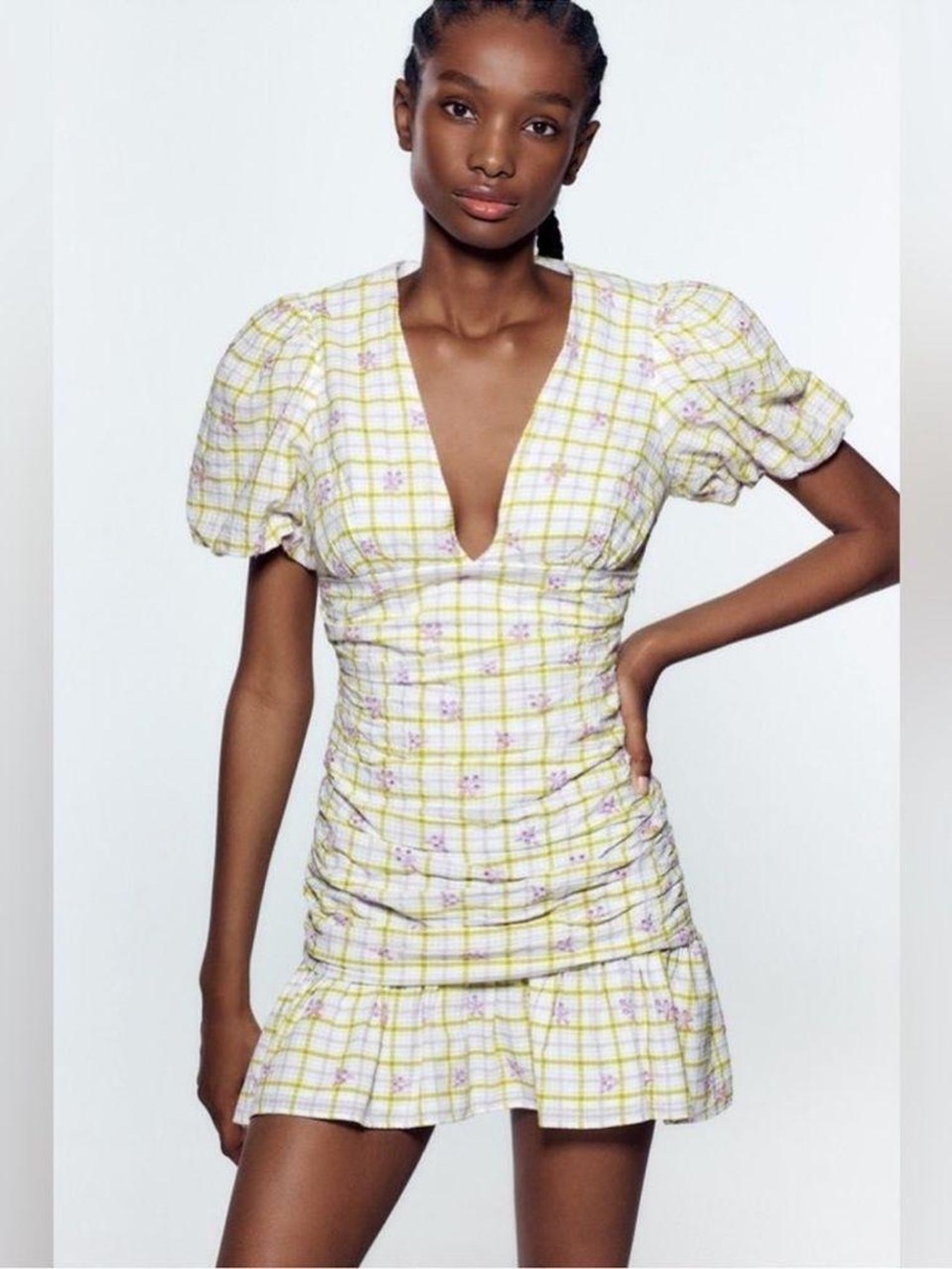 Zara Green and Purple Floral Gingham Puff Sleeve mini dress